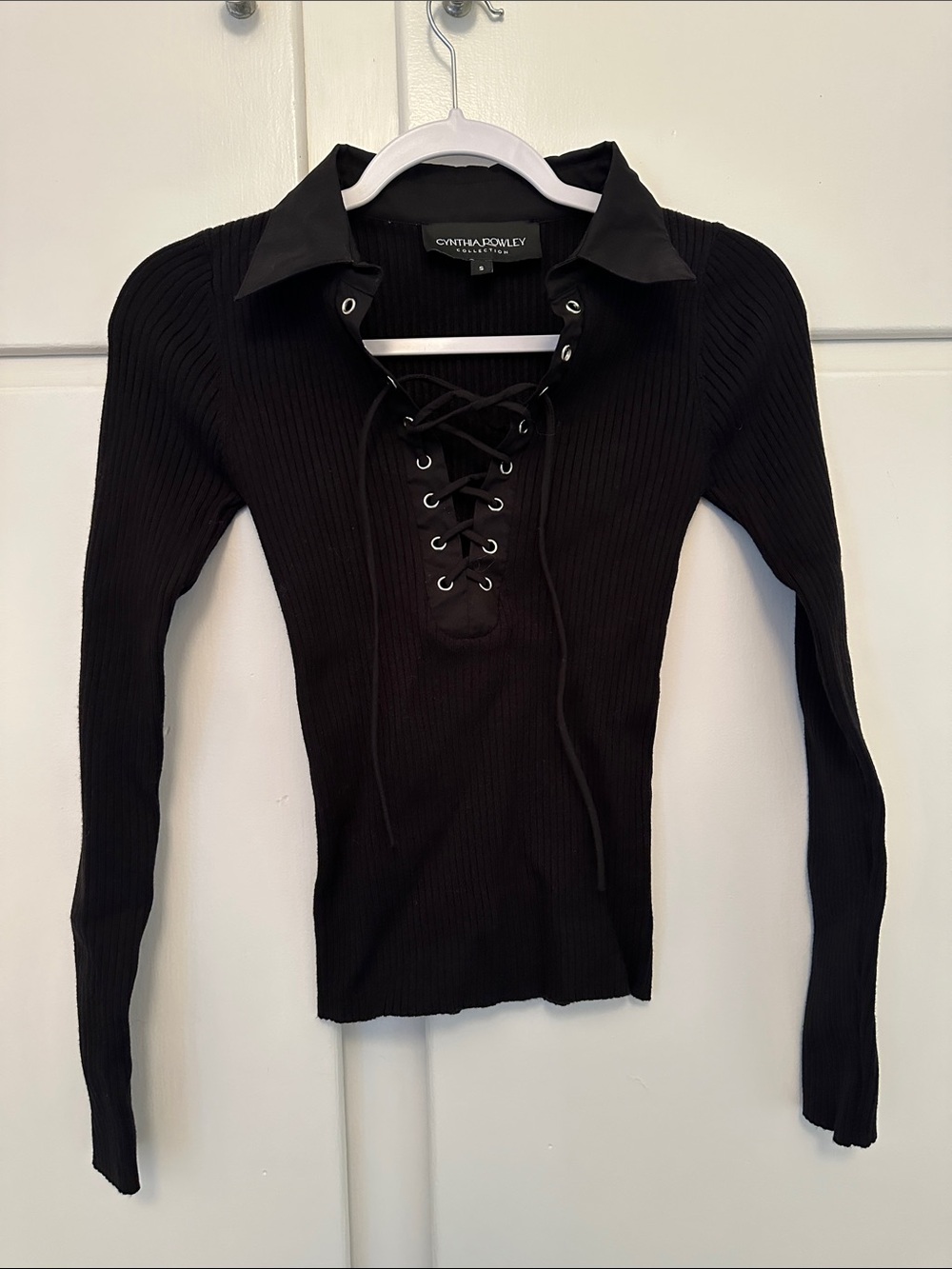 NEW Cynthia Rowley Black Lace Up Grommet Black Collared Long Sleeve Tshirt
